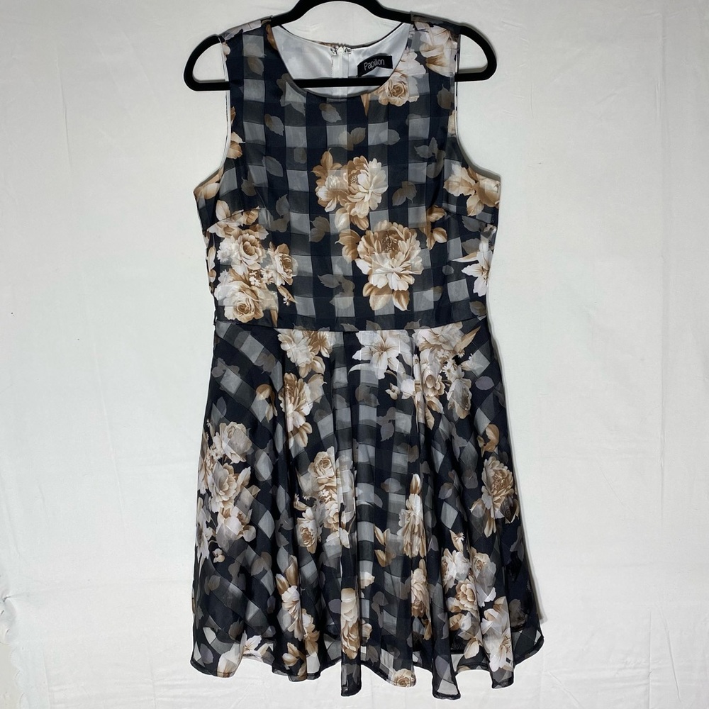 Papillon Black Beige Floral Checkered Print Sleeveless Cocktail Dress S